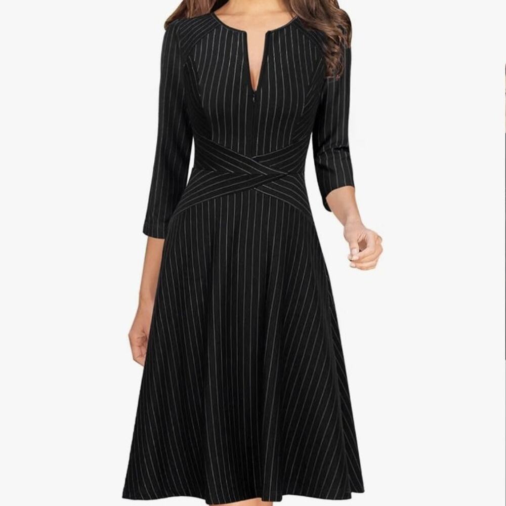 VFSHOW 3/4 sleeve Pinstripe Fit and Flare Dress NWT